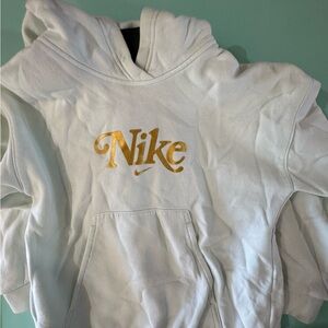 Nike Youth Hoodie Size Small White Gold Logo Loose Fit Pullover Sweatshirt